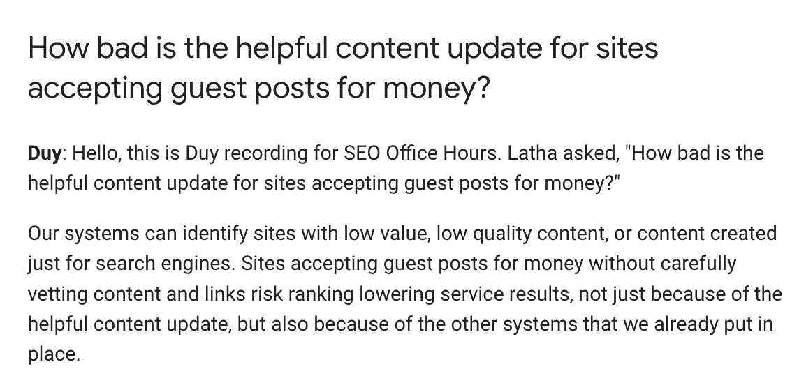 texten "how bad is the helpful content update for sites accepting guest posts for money?"