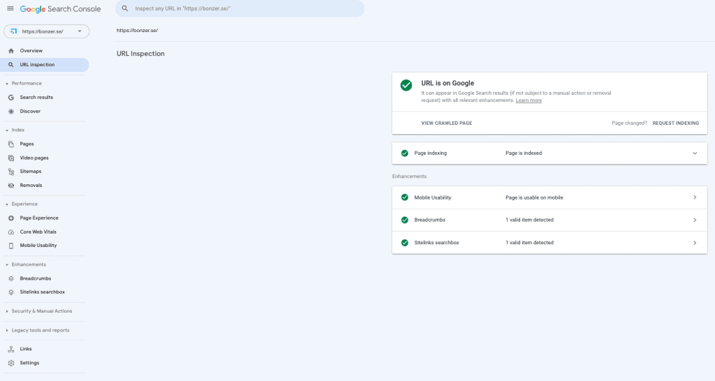 Google search console, URL inspektion