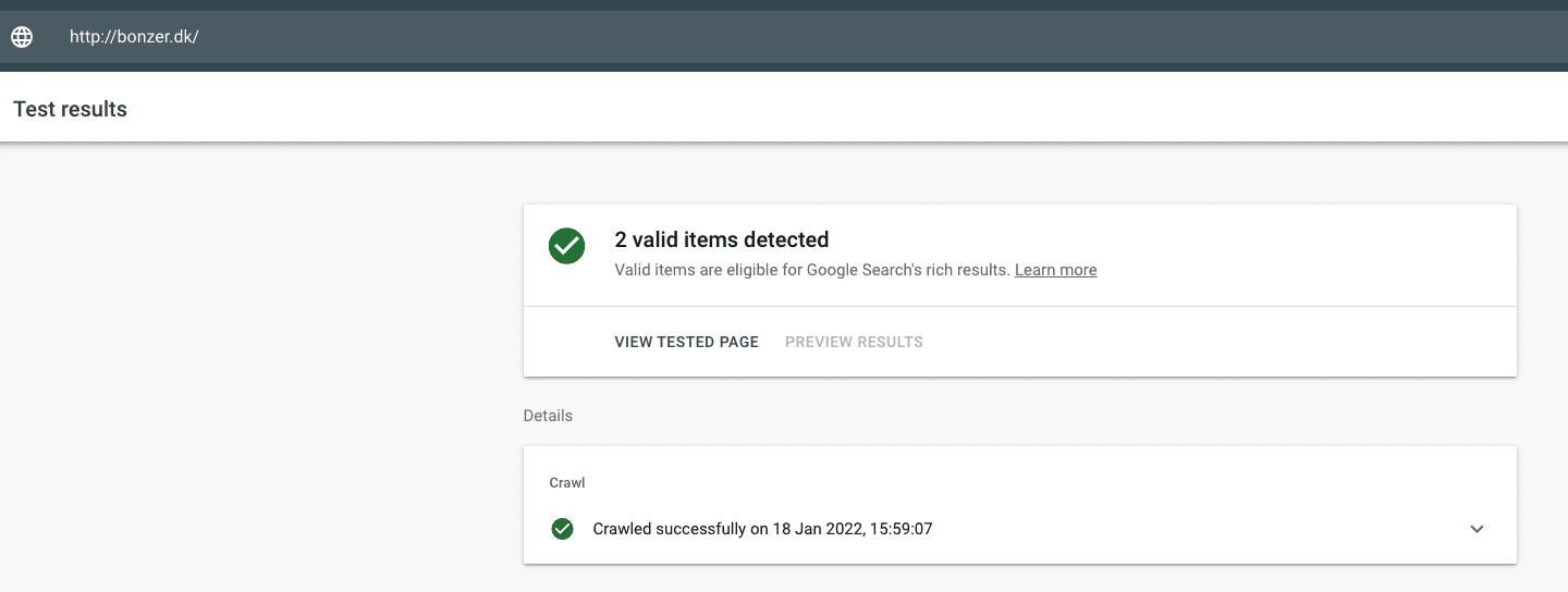 Visar att det finns 2 items som hittades på test results och att sidan har crawled