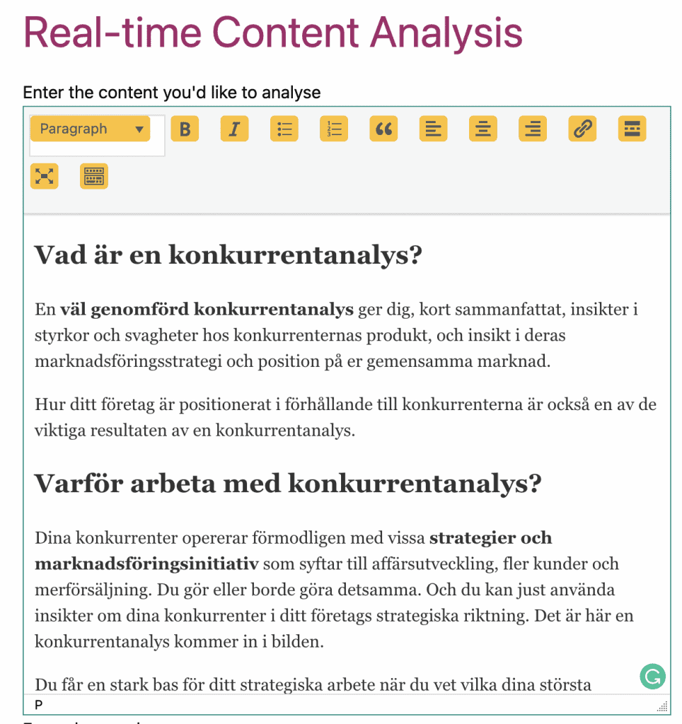 Rubrik "Real-time content analysis" som analyserar content om konkurrensanalys