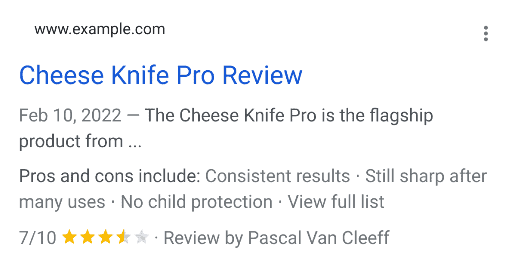 Ett exempel på en URL med sökresultatet "Cheese Knife Pro Review"