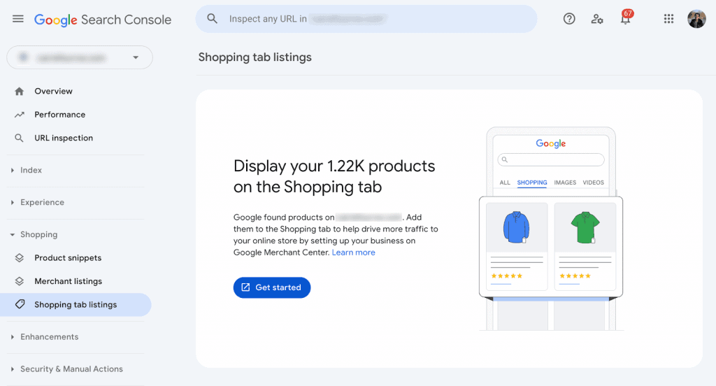 Google search console, shopping tab listings