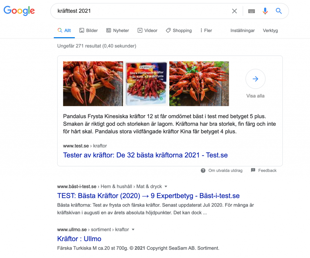 En Google sökning på "Kräftfest 2021"