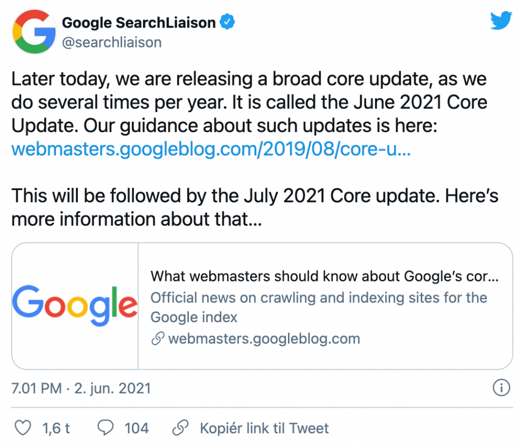 En tweet från Google SearchLiaison om Googles nya core uppdatering