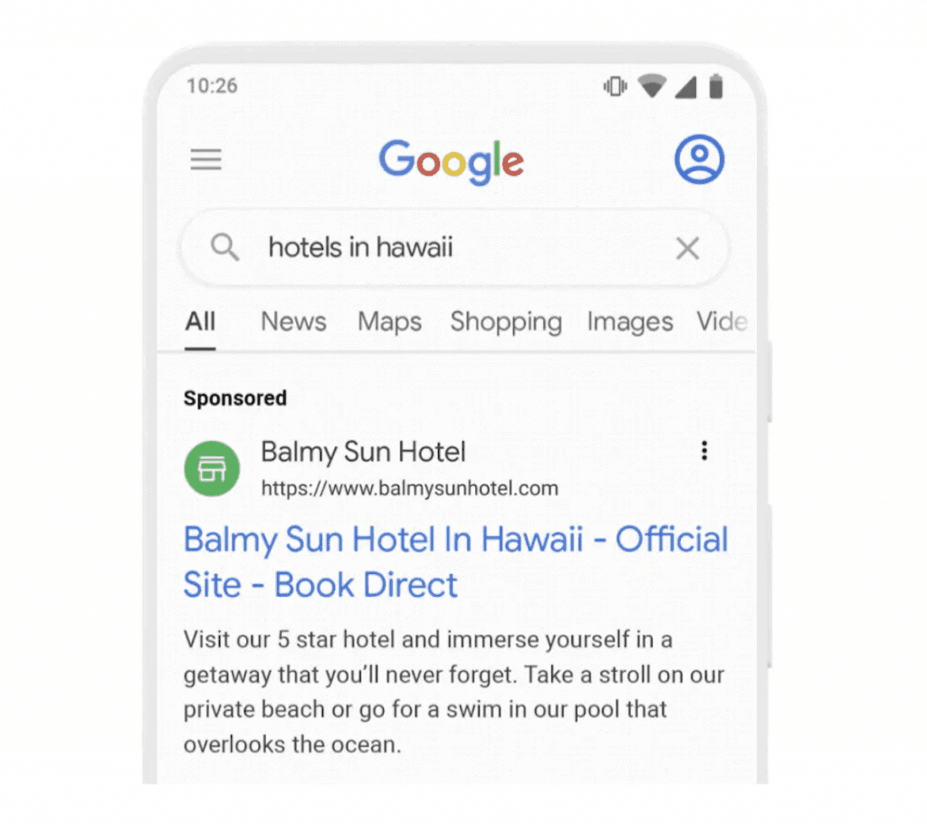 En mobil som googlat "hotels in hawaii"