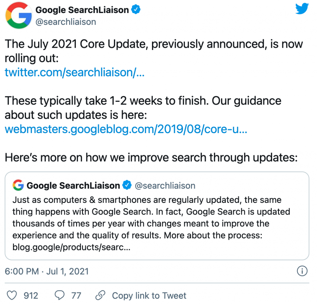 En tweet från Google som handlar om juli 2021 Core Update
