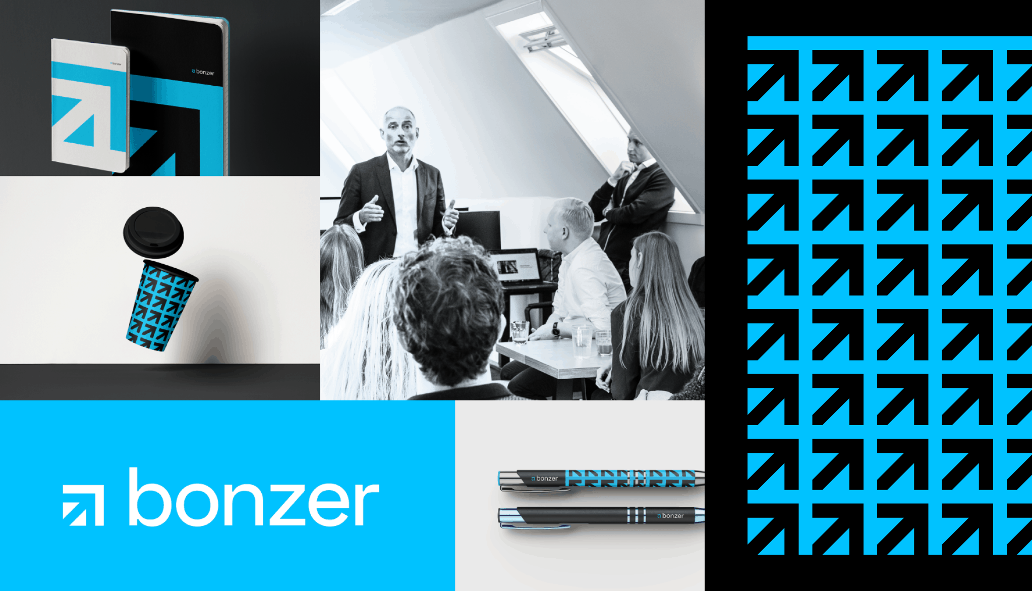 Collage som viser Bonzers nye brand I sort, hvitt og blått