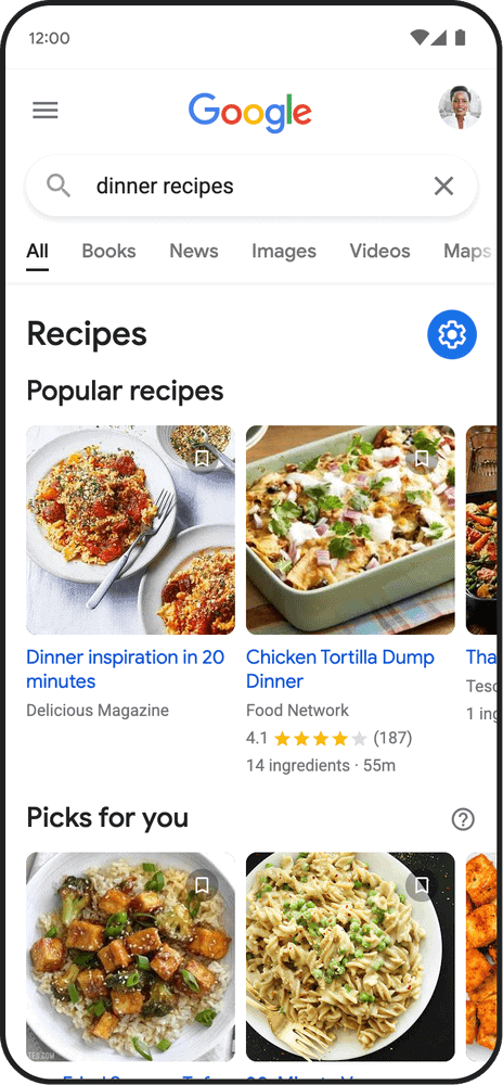 En mobil som googlat på "dinner recipes" och fått upp relevanta recipes