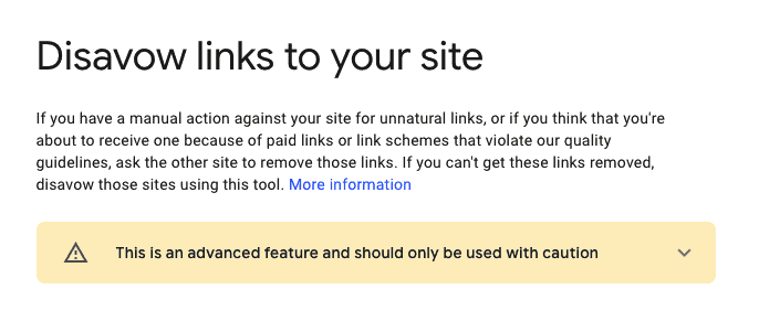 Rubrik "Disavow links to your site" med en liten text under och en varnings symbol längst ner