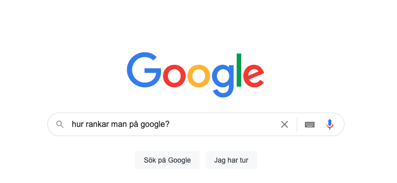 Googles sökmotor där man söker på "hur rankar man på Google?"