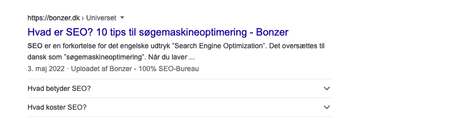 Ett sökresultat från Bonzer.dk och deras blogginlägg "Vad är SEO? 10 tips till sökmotoroptimering"