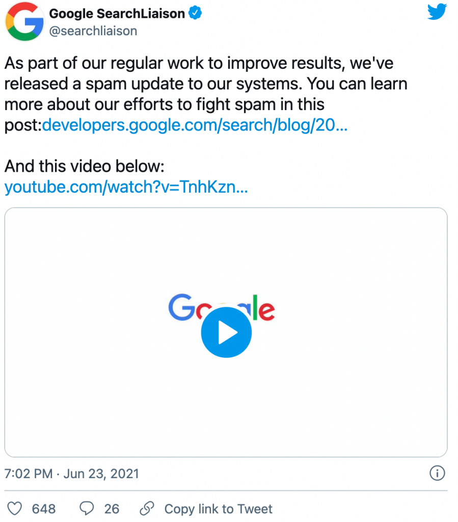 En tweet av Google som visar en video hur man kan lära mer om hur man bekämpar spam